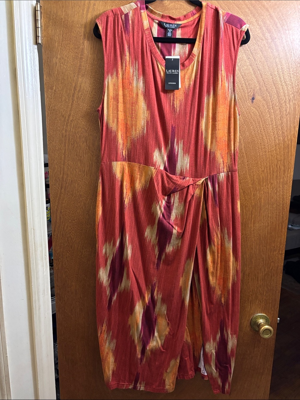 Ralph Lauren Coral, Yellow and Magenta Ikat-Print Sleeveless Midi Dress